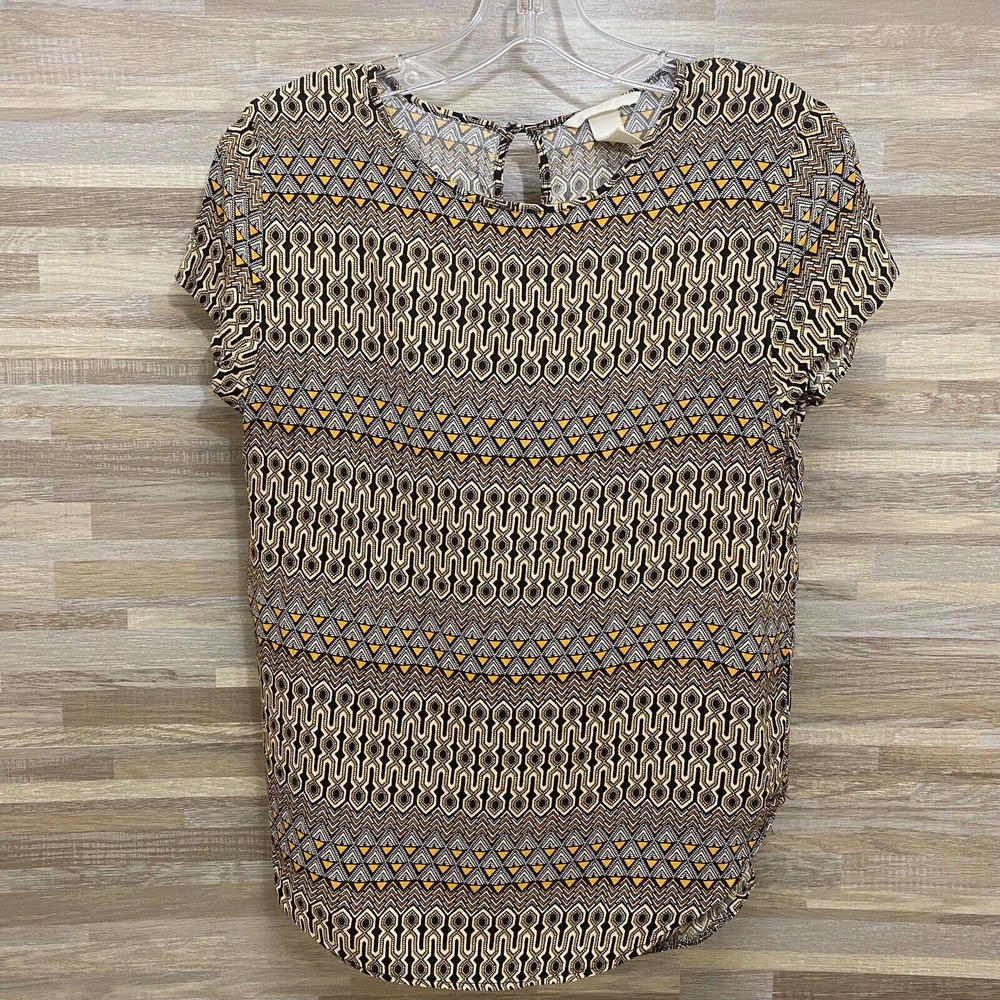 H&M Women's Short Sleeve Gold/Black Keyhole Top Blouse Sz 4